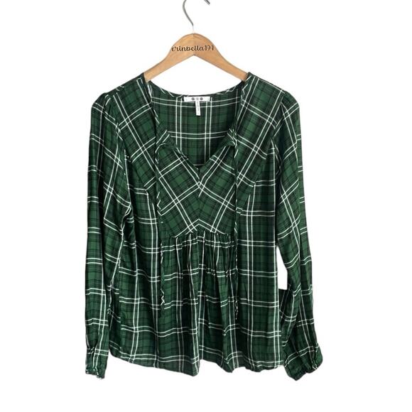 Three Dots Mason Plaid Long Sleeve Blouse Dark Green - Picture 3 of 16